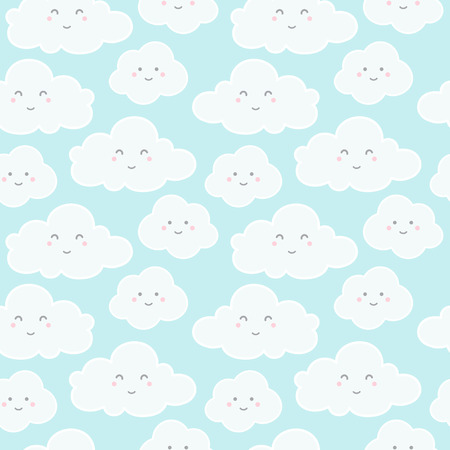 Clouds with funny cartoon faces vector seamless pattern.のイラスト素材