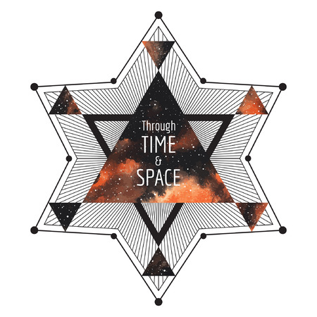 Sci-fi print design. Cosmic illustration. Geometrical star made of triangles and lines. Watercolor vector night sky triangle background. Through time and space typographical composition.のイラスト素材
