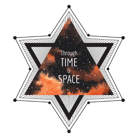 Sci-fi print design. Cosmic illustration. Geometrical star made of triangles and lines. Watercolor vector surreal night sky triangle background. Through time and space typographical composition.のイラスト素材
