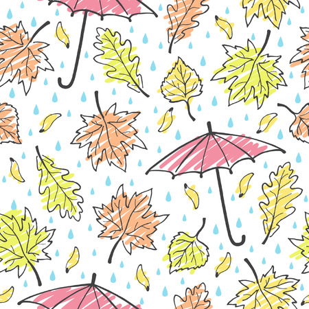 Autumn leaves, rain and umbrella seamless vector pattern. Hand drawn ink outline with artistic colorful hatching. Autumn leaf-fall with raindrops illustration.のイラスト素材