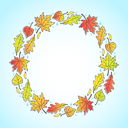 Autumn round decorative frame with space for text. Circle made of leaves, maple seeds and raindrops. Fall background.のイラスト素材