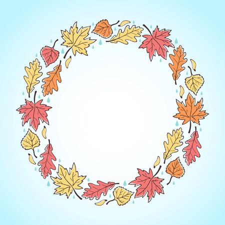 Autumn round decorative frame with space for text. Circle made of leaves, maple seeds and raindrops. Fall background.のイラスト素材