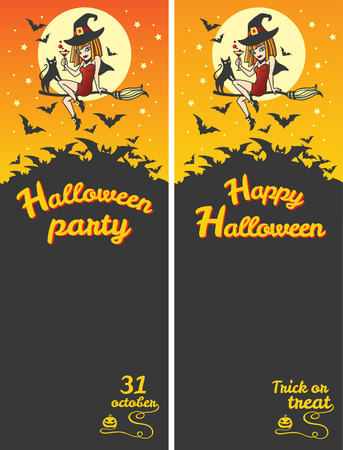 Halloween vertical banners. Party invitation. Cartoon style witch girl sitting on a broom with cat, surrounded by bats, holding potion or cocktail. You can easily change picture format.のイラスト素材