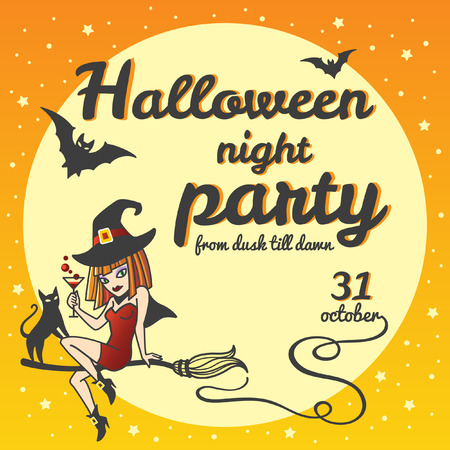 Halloween party invitation. Cartoon style witch girl sitting on a broom with cat, holding potion or cocktail. Halloween night party lettering with date. Moon with bats silhouettes.のイラスト素材
