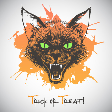 Trick or treat Halloween illustration. Scary black cat's head with open mouth and bared fangs. Ink drawing with colorful blot. Grinning cat's muzzle with grunge splash.のイラスト素材