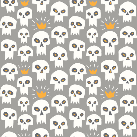 Hand drawn white evil skulls seamless pattern. Cute cartoon sculls with sharp vampire teeth and shining crown. Halloween background. Grey backdrop.のイラスト素材
