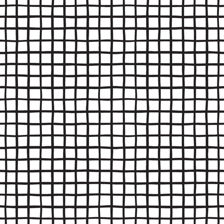 Black and white checked, square, plaid vector seamless pattern. Vertical and horizontal hand drawn uneven stripes. Chequered monochrome geometrical background.のイラスト素材