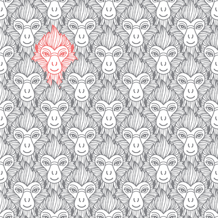 Monkey heads seamless vector pattern. Chinese zodiac symbol. Repeating monkey head with fire looking hair. New Year of the fire or red monkey 2016 background.のイラスト素材