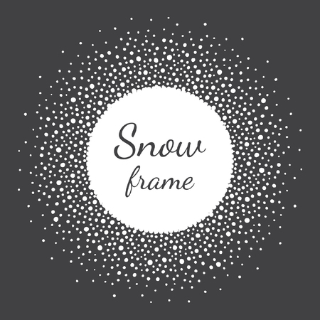 Round snow frame with empty space for your text. Winter frame made of spots or dots of various size. Circle shape. New Year, Christmas black and white abstract background.のイラスト素材