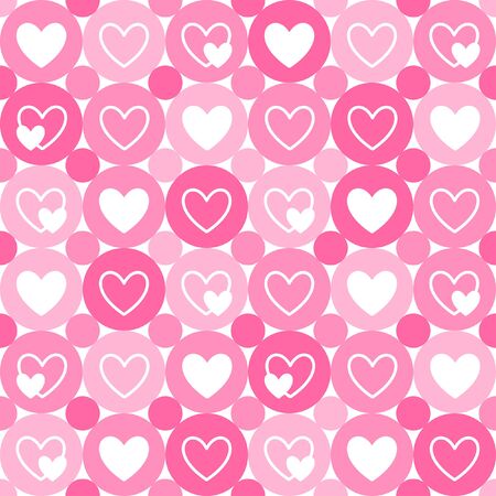 Hearts and circles seamless geometrical pattern. Valentine's Day simple background. Flat design. Shades of pink and white.のイラスト素材