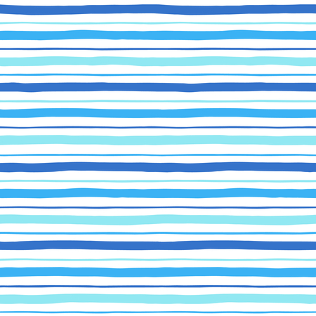 Narrow and wide hand drawn stripes seamless pattern. Shades of blue and white striped background. Slightly wavy uneven streaks. Bars of different width texture.のイラスト素材
