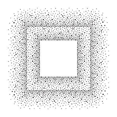 Square dots frame with empty space for your text. Background made of spots or blobs of various size. Square shape. Black and white abstract template. Double frame.のイラスト素材