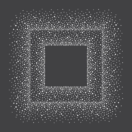 Snow or dots double frame with empty space for your text. Winter background made of spots or snowflakes of various size. Square shape. New Year, Christmas black and white abstract template.のイラスト素材