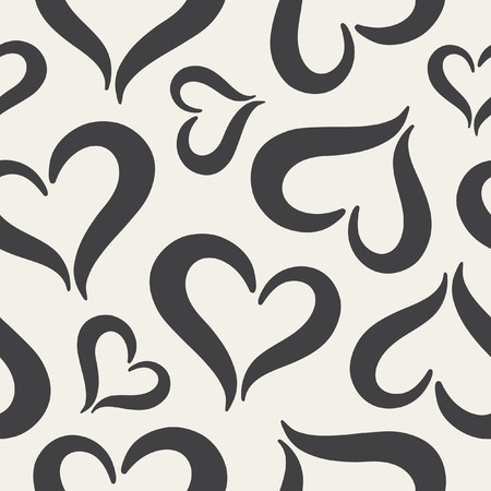 Hearts seamless pattern. Black and white Valentine\'s Day background. Stylized cute heart shapes made of two curved parts. Hearts of different sizes monochrome texture.のイラスト素材