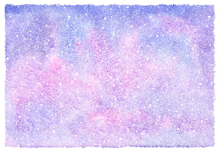 Winter watercolor abstract background with falling snow splash texture. Christmas, New Year hand drawn template with rough, uneven edges. White snowflakes, shades of blue and pink watercolour stains.の写真素材