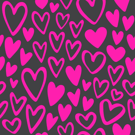 Doodle hearts seamless vector pattern. Valentine's Day background. Marker drawn different heart shapes. Hand drawn ornament. Bright pink on dark grey background.のイラスト素材