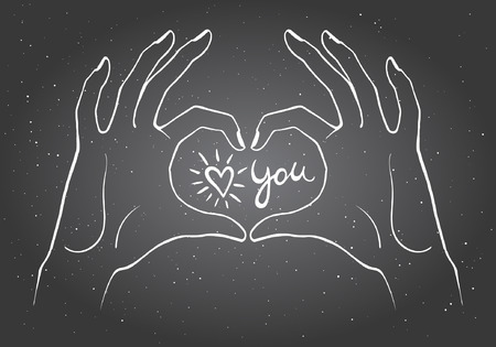 Hands making a heart shape illustration. Valentines day card. Chalk drawn hands on black board in the form of heart with confession love you in center.のイラスト素材