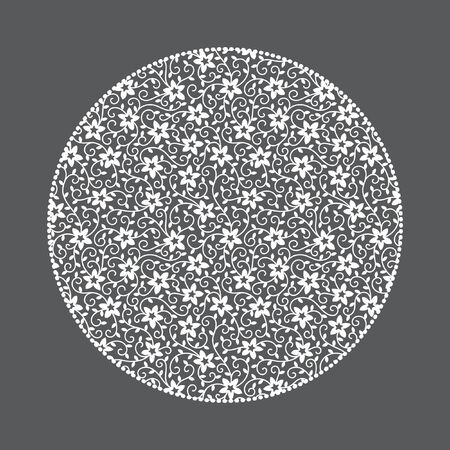 Ornamental circle with tiny flowers. White lacy floral pattern. Round shape on monochrome background. Design element.のイラスト素材