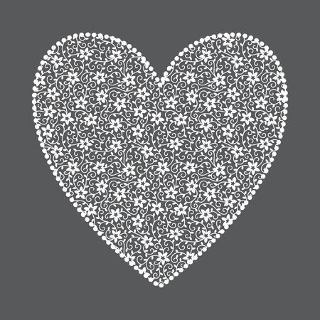 Big ornamental vector heart with tiny flowers. White lacy floral pattern. Heart shape on monochrome background. Valentines day design element. Greetings background. Wedding template.のイラスト素材