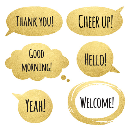 Golden speech bubbles set with words. Gold cloud and oval brush stroke frame with uneven edges. Thank you, Good morning, Cheer up! and Welcome lettering. Golden speech bubbles collection.のイラスト素材