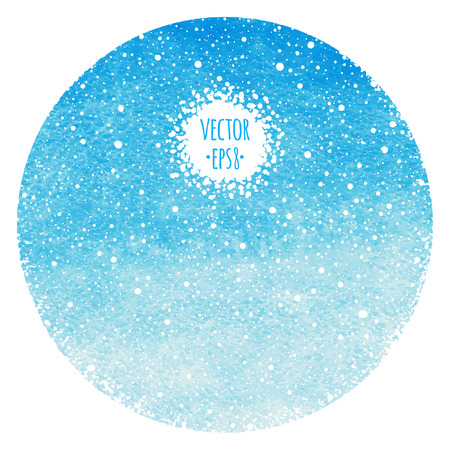 Round abstract winter background. Sky blue watercolor circle with falling snow splash texture. Christmas, New Year template. Gradient fill. Hand drawn snowfall texture. Snowflakes are removable.のイラスト素材