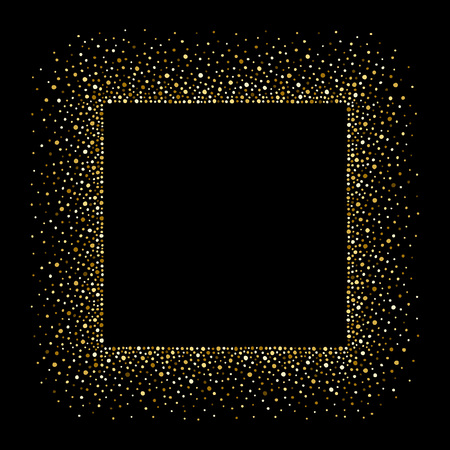 Golden splash or spangles square frame with empty center for text. Gold rectangle border made of tiny uneven round dots. Abstract background. Golden blobs textured frame on black backdrop.のイラスト素材