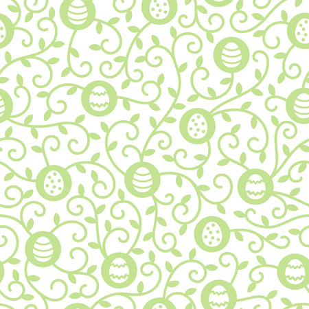 Easter seamless pattern. Tiny simple eggs and tendrils with leaves texture. Flat design spring background. Green and white.のイラスト素材