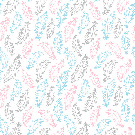 Feathers seamless pattern. Tiny hand drawn swan feathers endless texture. Boho style simple background. Pastel colors.のイラスト素材