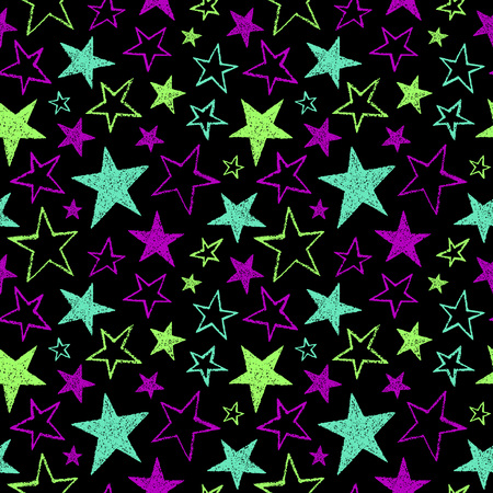Brush drawn five-pointed stars of different size seamless pattern. Bright neon colors. Rough texture, uneven edges.  abstract colorful background. Doodle style star shapes.のイラスト素材