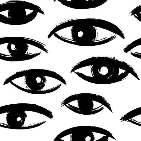 Brush drawn eyes seamless vector pattern. Rough edges. Hand drawn surreal background. Stylized hand drawn uneven eyes, eyeballs texture. Ink illustration.のイラスト素材