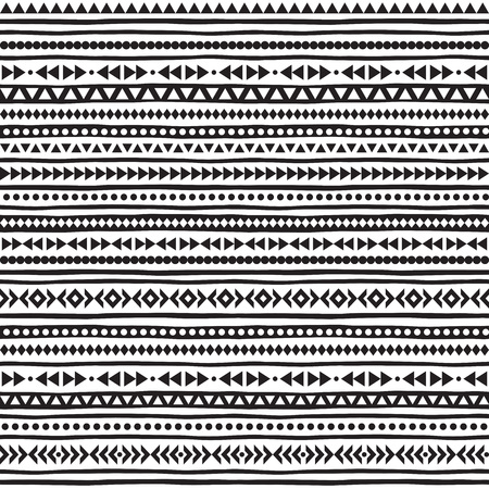 Black and white geometric seamless pattern. Striped boho texture. Ethnic or tribal monochrome background with tiny triangles, uneven stripes and dots.のイラスト素材