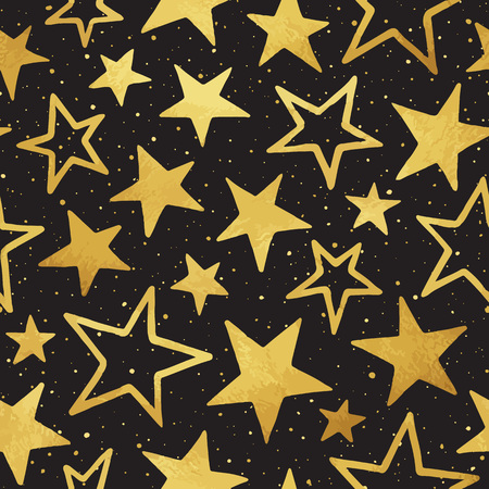 Golden foil stars of different size vector seamless pattern. Gold doodle style, chaotic blots, splash or speckles texture, black night sky. Cosmic, space background.のイラスト素材
