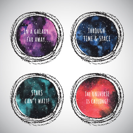 Set of round colorful cosmic backgrounds or night sky with stars, universe, galaxy. Watercolor shape with frame. Watercolour stains circles collection with motivation lettering and chalk border.のイラスト素材