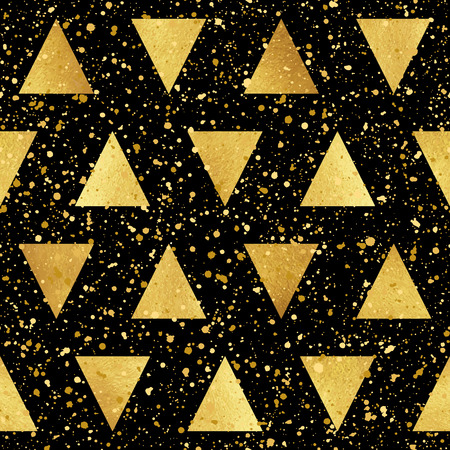 Gold triangles with splash or spangles seamless vector pattern. Geometric luxury abstract background. Golden glittering triangles and blobs texture.のイラスト素材