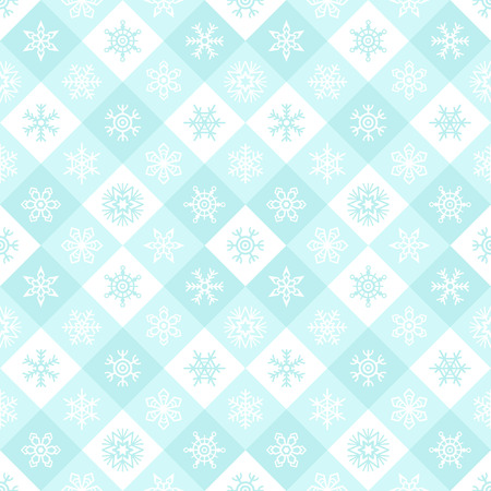 Winter geometrical seamless pattern. New Year, Christmas texture. Snowflakes of various type and squares. Abstract simple background with different snow crystals. Flat design.のイラスト素材