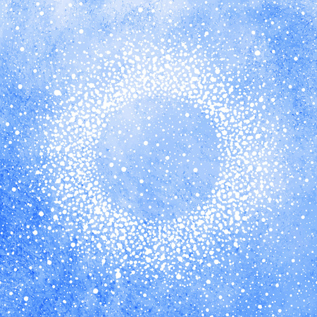 Winter watercolor background with falling snow texture and round frame. Christmas, New Year vector illustration. Frame made of tiny dots, specks, flecks, snowflakes. Blue watercolour stains template.のイラスト素材
