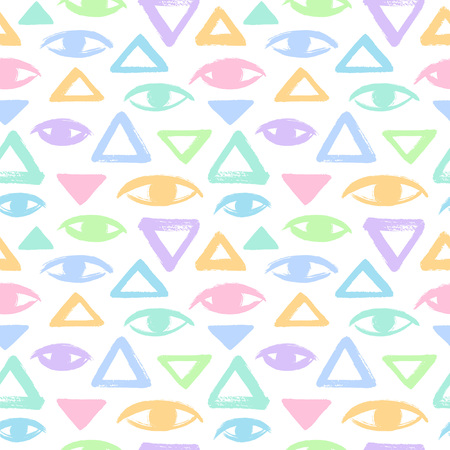 Brush drawn eyes and triangles seamless vector pattern. Rough edges. Hand drawn surreal colorful geometrical background. Stylized hand drawn eyes, eyeballs, pyramid texture. Multicolor illustration.のイラスト素材