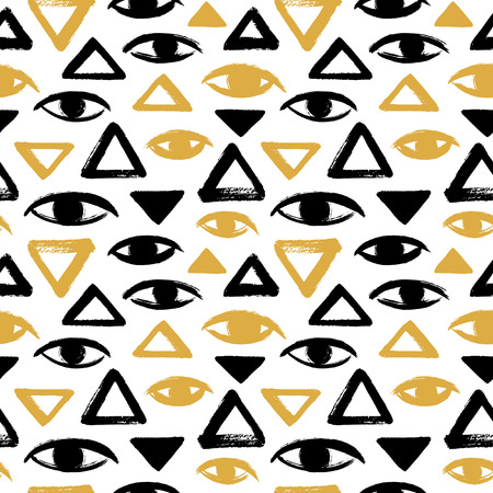 Brush drawn eyes and triangles seamless vector pattern. Rough edges. Hand drawn surreal geometrical background. Stylized hand drawn uneven eyes, eyeballs, pyramid texture. Ink illustration.のイラスト素材
