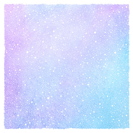 Winter square watercolor background with falling snow splash, spray texture and rough, artistic, uneven edge. Christmas, New Year handdrawn template with snowflakes. Blue and lilac watercolour stains.の写真素材