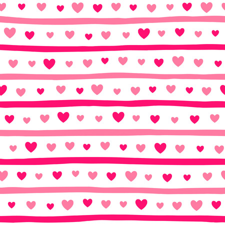 Hearts and stripes seamless vector pattern. Valentine day simple background. Hearts of different size and uneven, doodle style bars endless texture. Shades of pink.のイラスト素材