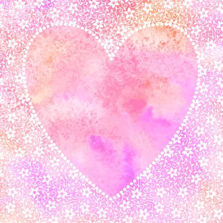Lacy floral pattern vector background with empty heart shape for text. Valentines day template for greeting cards. Frame with flowers and tendrils. Pink, orange stains watercolor texture.のイラスト素材