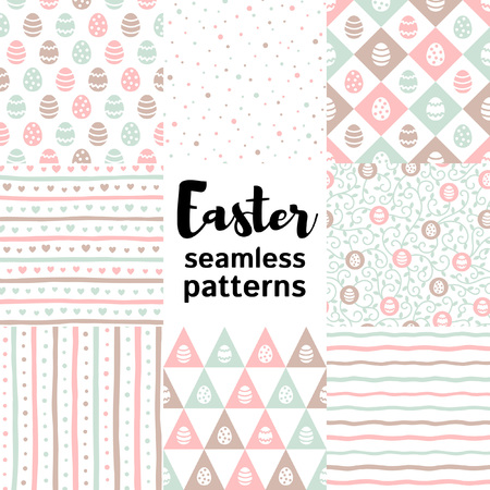 Set, collection of various Easter seamless vector patterns. Painted eggs, stripes, streaks, cute hearts, tendrils, dots, spots, doodle style wavy bars, simple geometrical shapes. Easter backgrounds.のイラスト素材