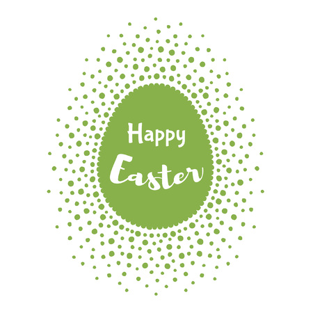 Happy Easter greeting card template. Egg shape frame made of spots, specks, flecks of various size. Dots frame with empty space for your text. Greenery color. Typographic composition.のイラスト素材