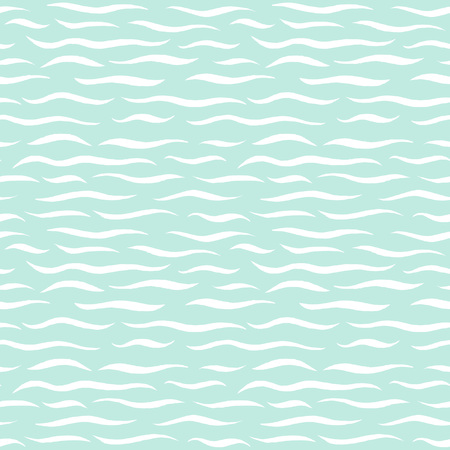 Sea waves seamless vector texture. Doodle style, rough edges. Wavy lines, undulating stripes, streaks pattern. Marine, sea, ocean background. Hand drawn stylized water template. Mint green and white.のイラスト素材