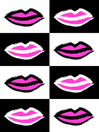 Brush drawn woman's lips and geometrical background. Pop art seamless vector pattern. Hand drawn fashion, makeup template. Stylized repeating lips, mouth texture. Ink illustration with rough edges.のイラスト素材