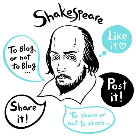 Shakespeare portrait with speech bubbles and social media funny citations. Shakespeare ink drawn vector illustration with internet, network, blog, web communication quotes. Hand drawn lettering.のイラスト素材