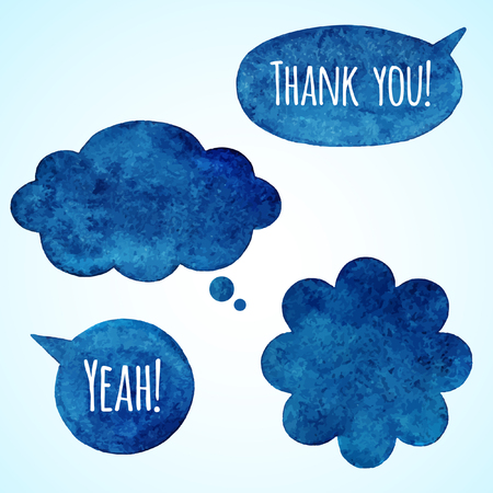 Dark blue watercolor vector speech bubbles, cloud and flower form. Thank you. Template for banners. Set of hand drawn watercolor backgrounds.のイラスト素材