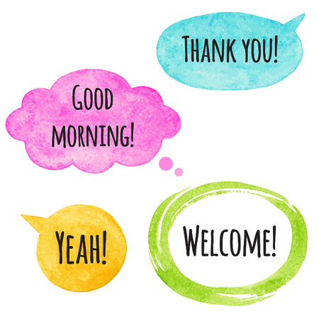 Colorful watercolor. Cloud and oval brush stroke frame with rough, artistic edges. Thank you, Good morning and Welcome typographics.のイラスト素材