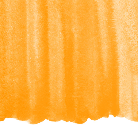 Orange watercolor brush drawn background with stains and rough, uneven edge. Painted watercolor autumn border. Bright, festive aquarelle template for cards, banners, posters.の写真素材