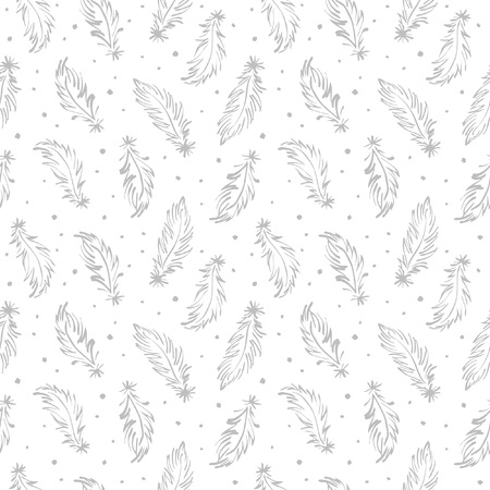 Hand drawn feathers and specks, flecks, blobs seamless vector pattern. Boho style simple background. Tiny swan feathers with uneven dots, splash, blots, speckles endless texture.のイラスト素材